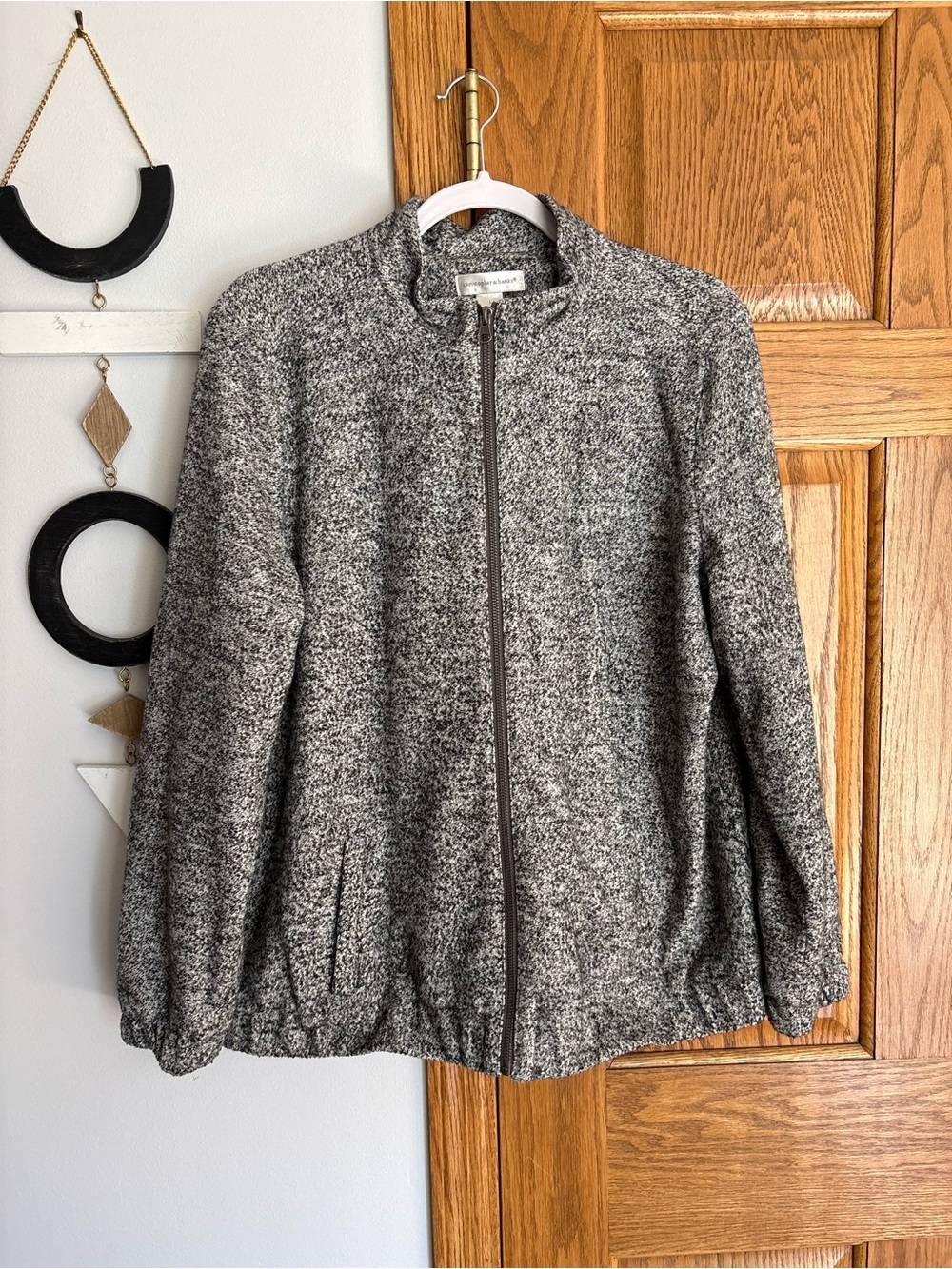Christopher & Banks Black Gray and White Marled Zip Bomber Jacket